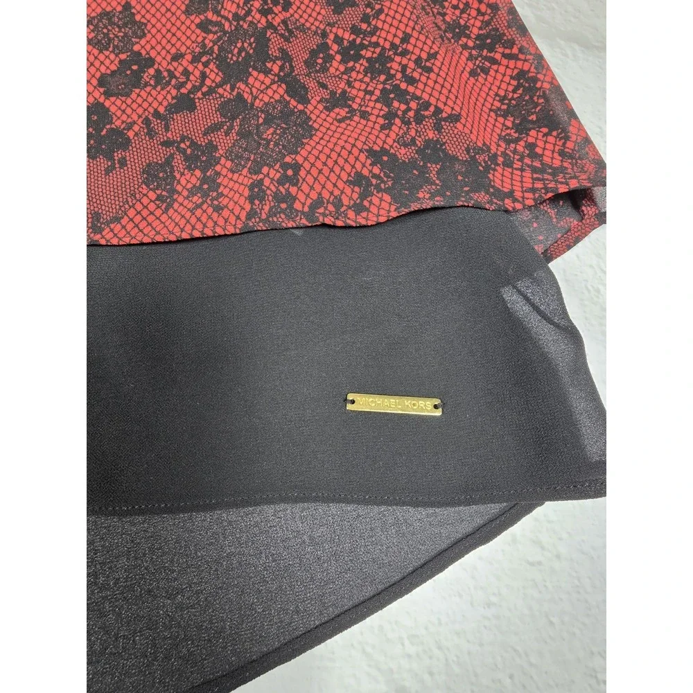 Michael Kors Layered Chiffon Blouse Womens PL Red Black Floral Mesh Split Back
